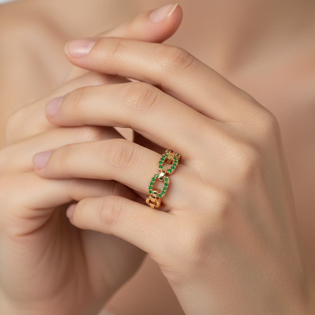 Emerald Chain Link Ring In Yellow Gold | Double Pave Interlocking Statement Luxury Ring For Women | Jebij - Two