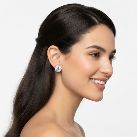 Round Studs 1/4 Ct Center Diamond Hand Crafted Halo Setting