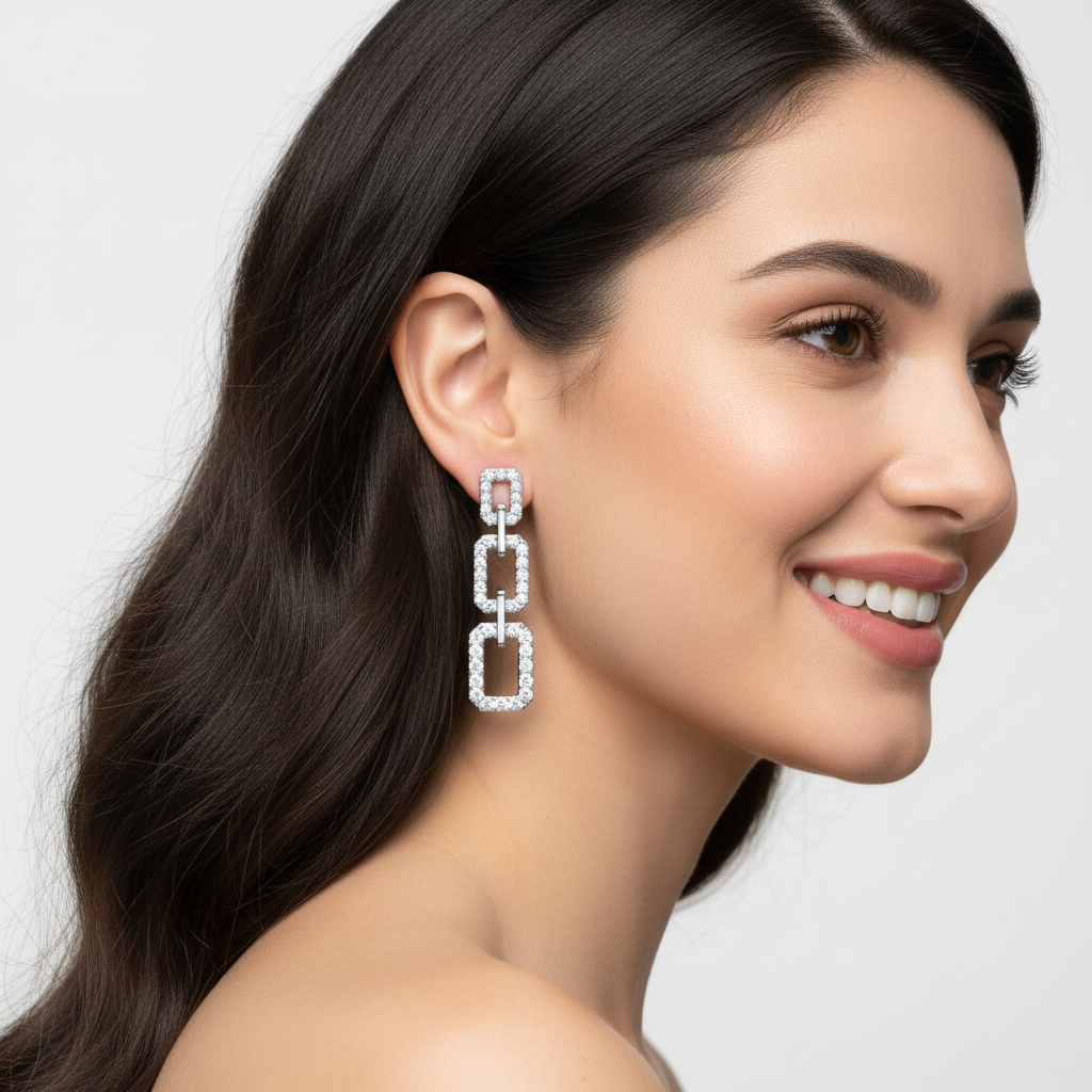 Pav Chain Link Drop Earrings With Rectangular Links - Two