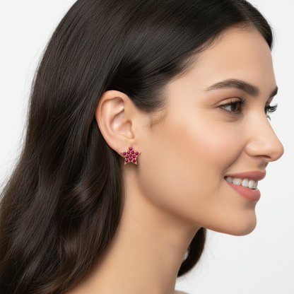 Red Crystal Star Stud Earrings With Screw Back - Two