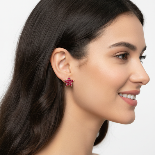 Red Crystal Star Stud Earrings With Screw Back - Two