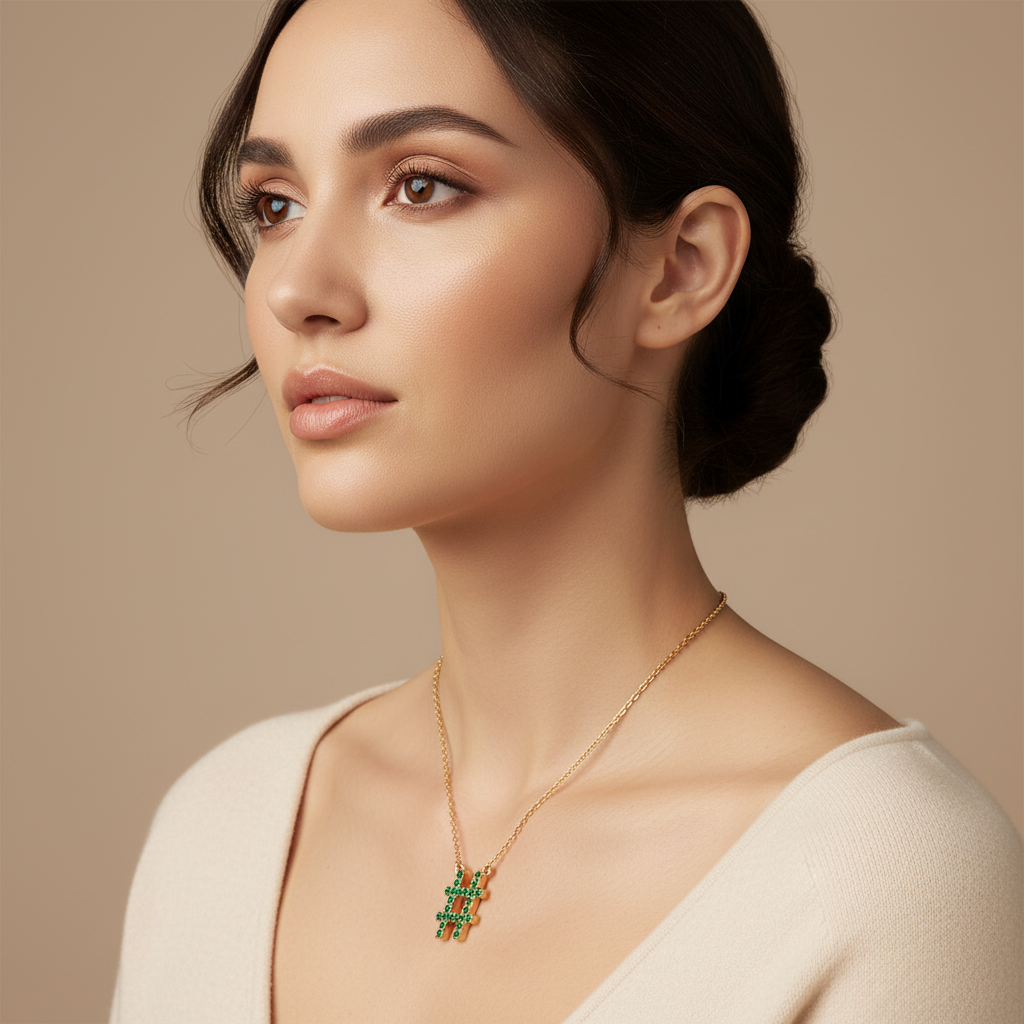 Green Crystal Hashtag Pendant Necklace - Two