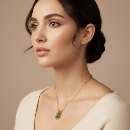 Green Crystal Hashtag Pendant Necklace - Two
