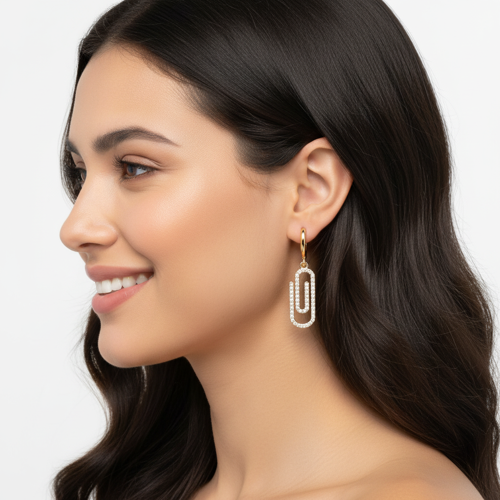 Pav Diamond Paperclip Link Huggie Hoop Earrings - Two