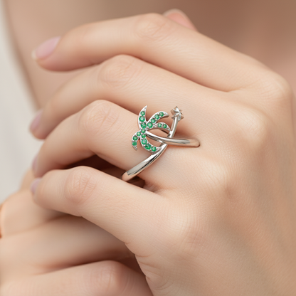 Green Stone Star & Crescent Moon Ring In Yellow Gold - Two