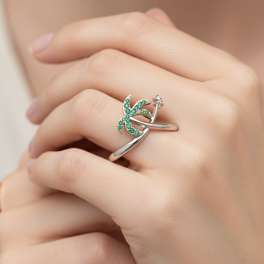 Green Stone Star & Crescent Moon Ring In Yellow Gold - Two