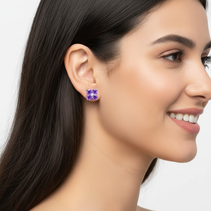 925 Sterling Silver Purple Amethyst Clover Stud Earrings With Diamond Center – Floral Cluster Elegant Jewelry - Two