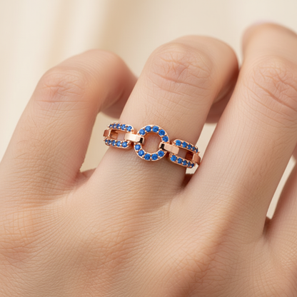 Blue Sapphire Circular Link Ring In Rose Gold | Double Pave Interlocking Chain Statement Luxury Ring For Women | Jebij - Two