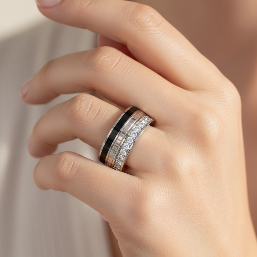 Gold Diamond Band Ring 6Mm With Black Enamel – Wide Statement Luxury Ring | Jebij - Two
