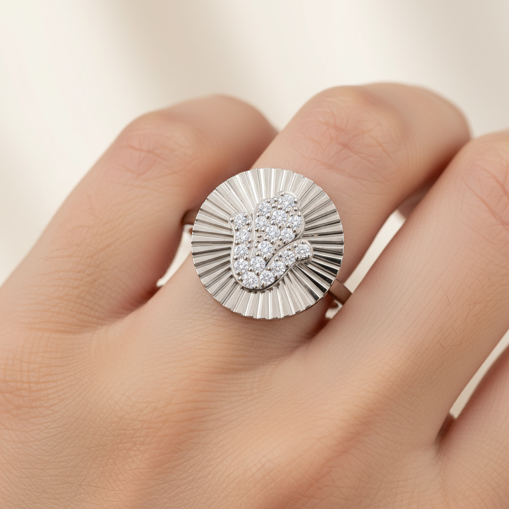 Diamond Hamsa Hand Sunburst Disc Ring - Two