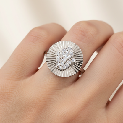 Diamond Hamsa Hand Sunburst Disc Ring - Two