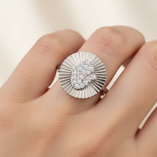 Diamond Hamsa Hand Sunburst Disc Ring - Two