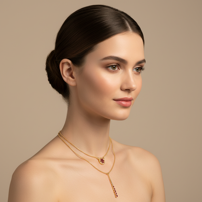 Layered Pink Crystal Pendant Necklace With Drop Bar Accent - Two