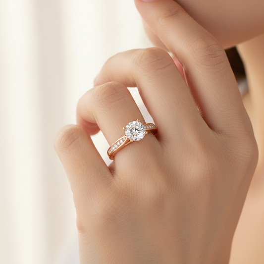 Rose Gold Solitaire Diamond Engagement Ring with Pav Band