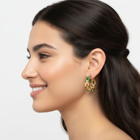 Emerald Chain Link Hoop Earrings - Two