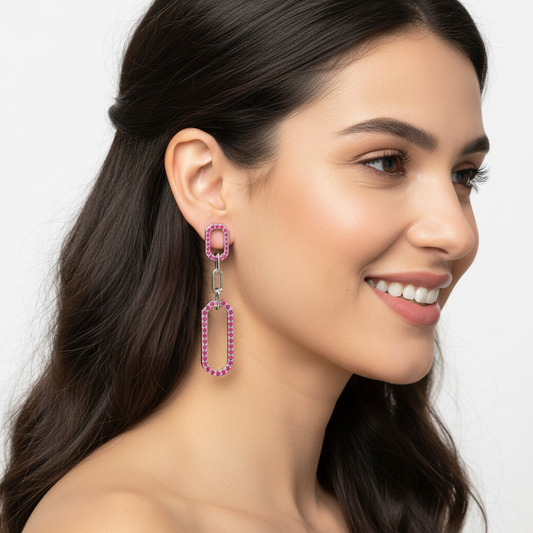 Pink Lab Grown Gemstone Link Drop Earrings Pave Oval Chain Statement Dangle Design - Two