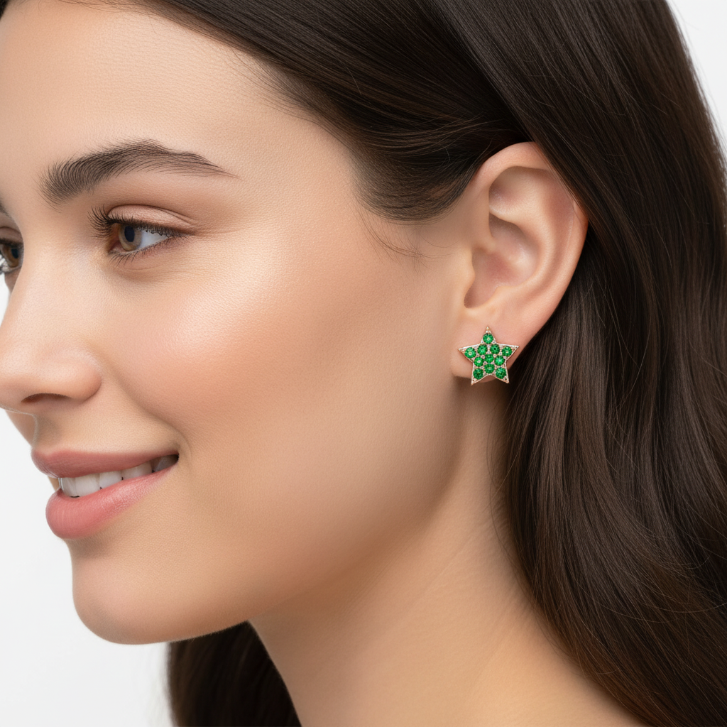 Emerald Star Stud Earrings With Screw Back Closure - Two