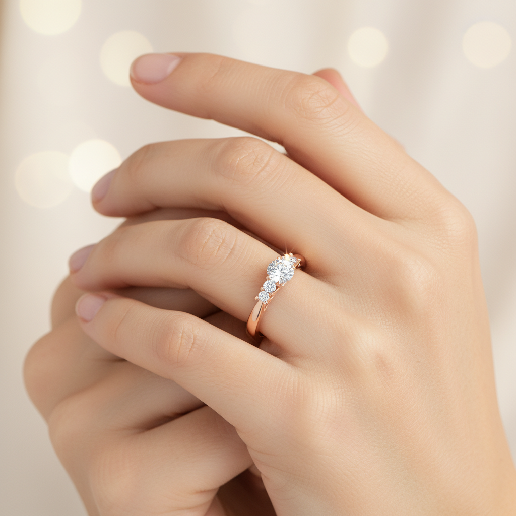 Rose Gold Diamond Engagement Ring With Side Stones And Crown Setting - Two