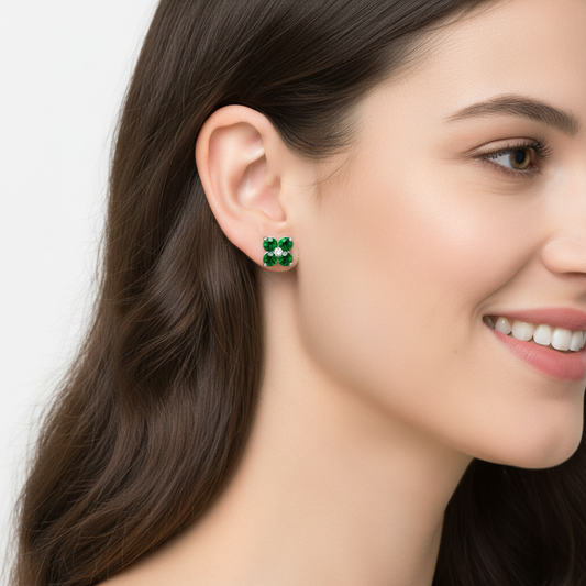 Emerald And Diamond Clover Stud Earrings - Two