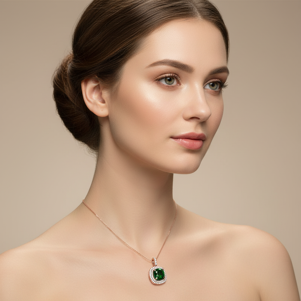 Cushion Cut Green Emerald Double Halo Pendant With Diamond Accents - Two
