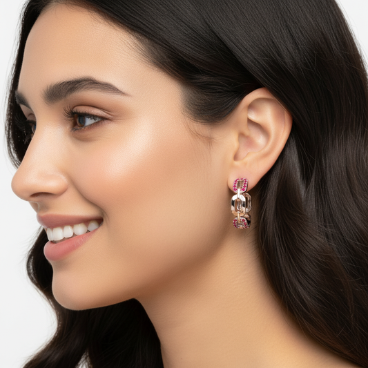 Pink Gemstone Chain Link Hoop Earrings - Two