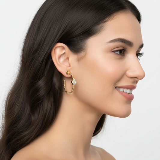 Beaded Clover Diamond Hoop Earrings with Screw Back Closure