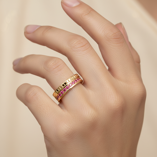White Gold Ruby Channel Band Ring – Minimal Stackable Ring With Grooved Design | Jebij - Two