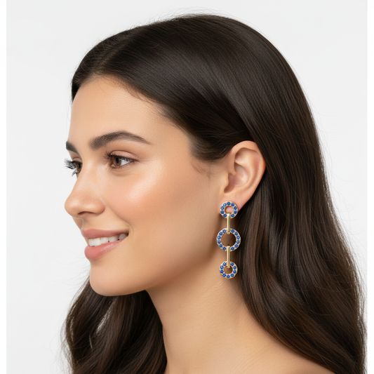 Blue Sapphire Triple Circle Link Drop Earrings - Two