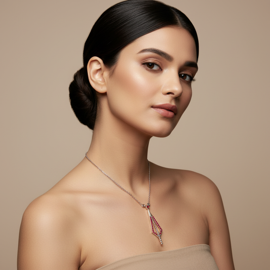 Art Deco Ruby Geometric Drop Pendant Necklace