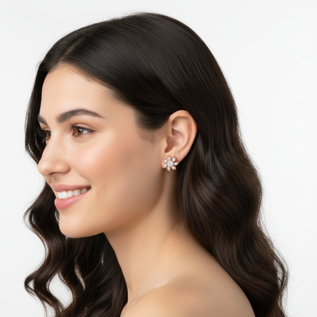 Diamond Flower Stud Earrings In Gold - Two