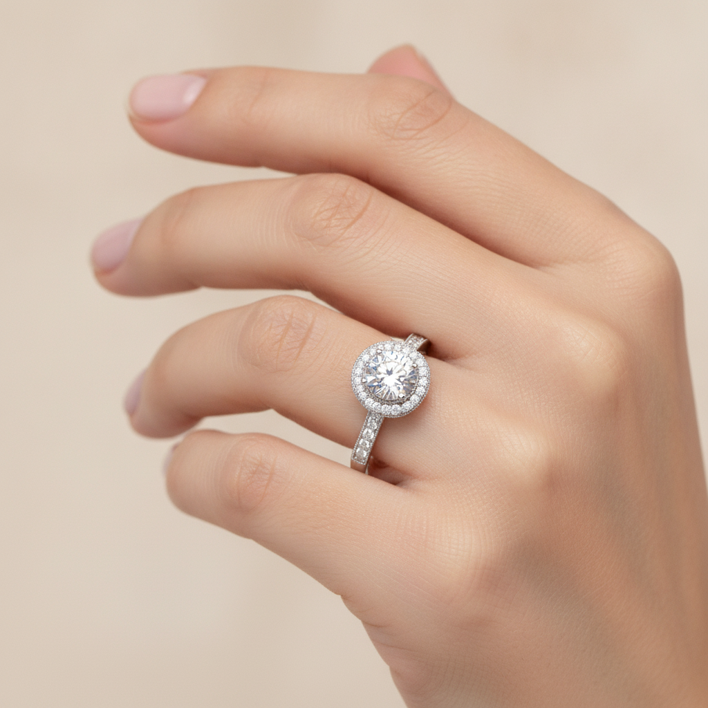 Prettey Classic Halo Diamond Engagement Ring In 925 Sterling Silver - Fourteen