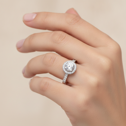 Prettey Classic Halo Diamond Engagement Ring In 925 Sterling Silver - Fourteen