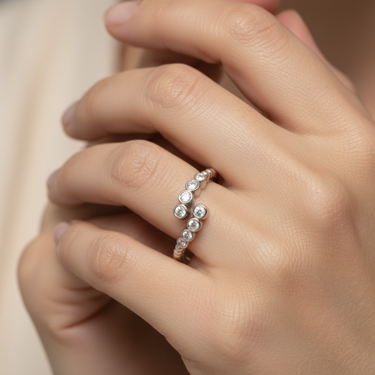 Bezel Set Diamond Bypass Ring With Beaded Band - Two