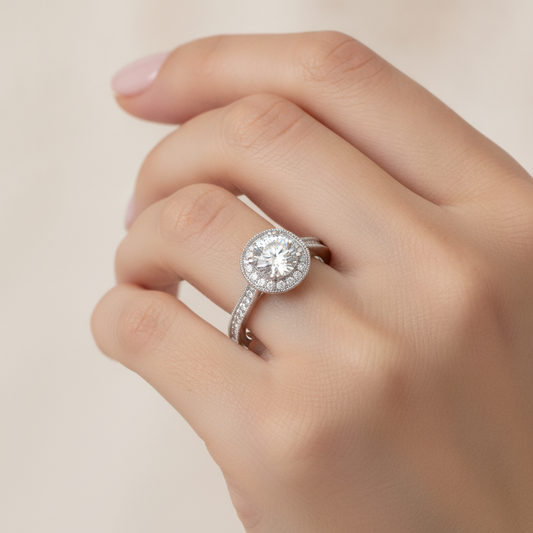 Jewne Classic Halo Diamond Engagement Ring In 925 Sterling Silver - Fourteen