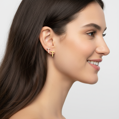 14K Gold Letter T Initial Stud Earrings