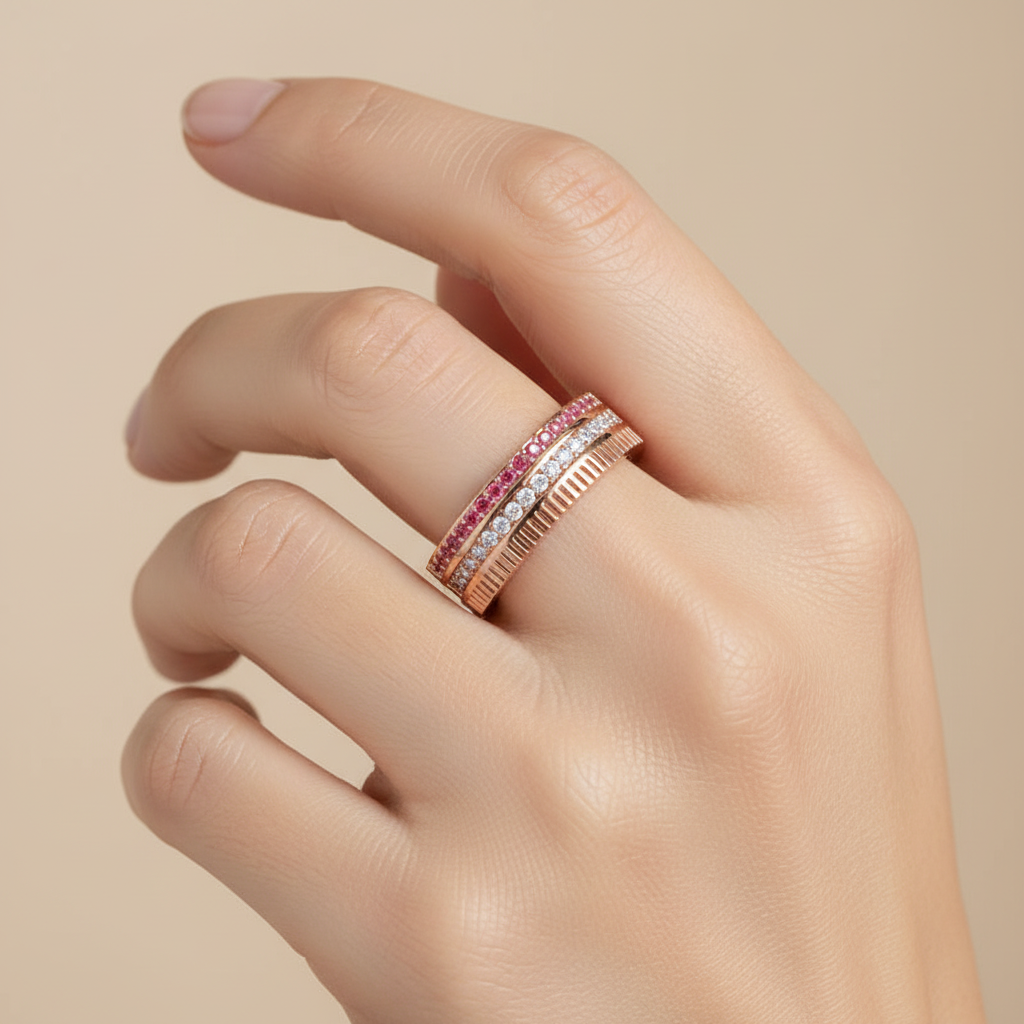 Gold Ruby Diamond Multi-Row Band Ring – Textured Statement Luxury Ring | Jebij - Two