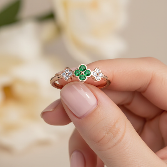 Emerald And Diamond Triple Clover Flower Ring - Two
