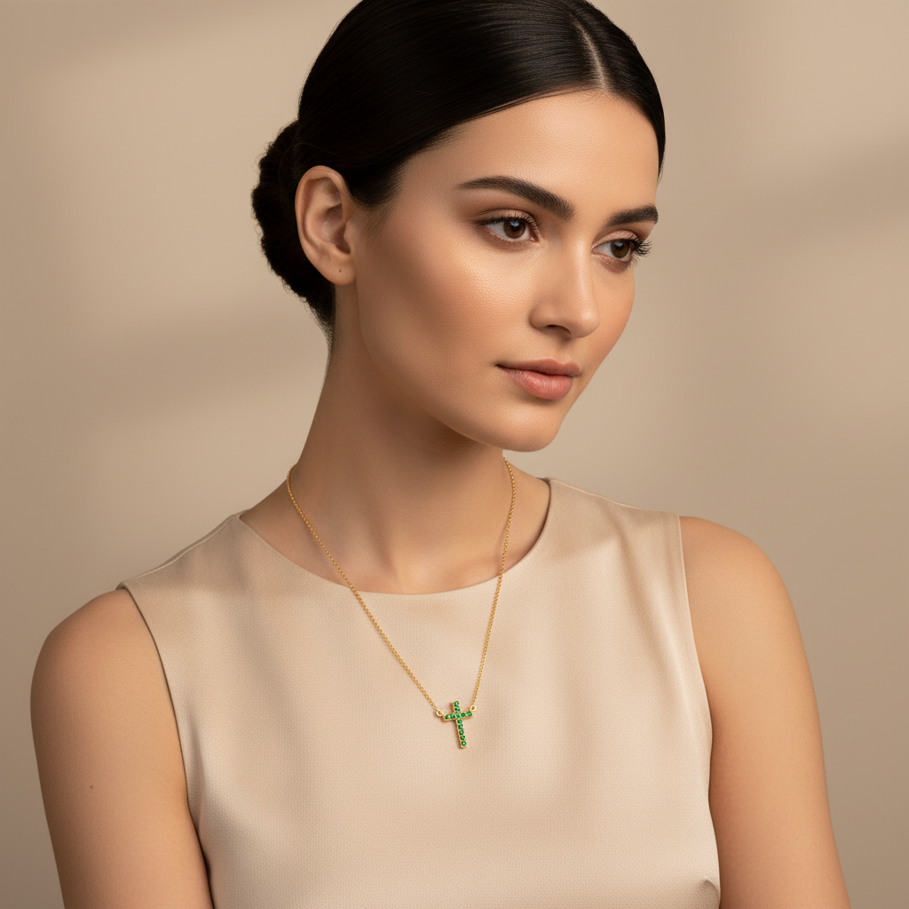 Emerald Cross Pendant Necklace With Chain - Two