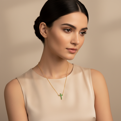 Emerald Cross Pendant Necklace With Chain - Two