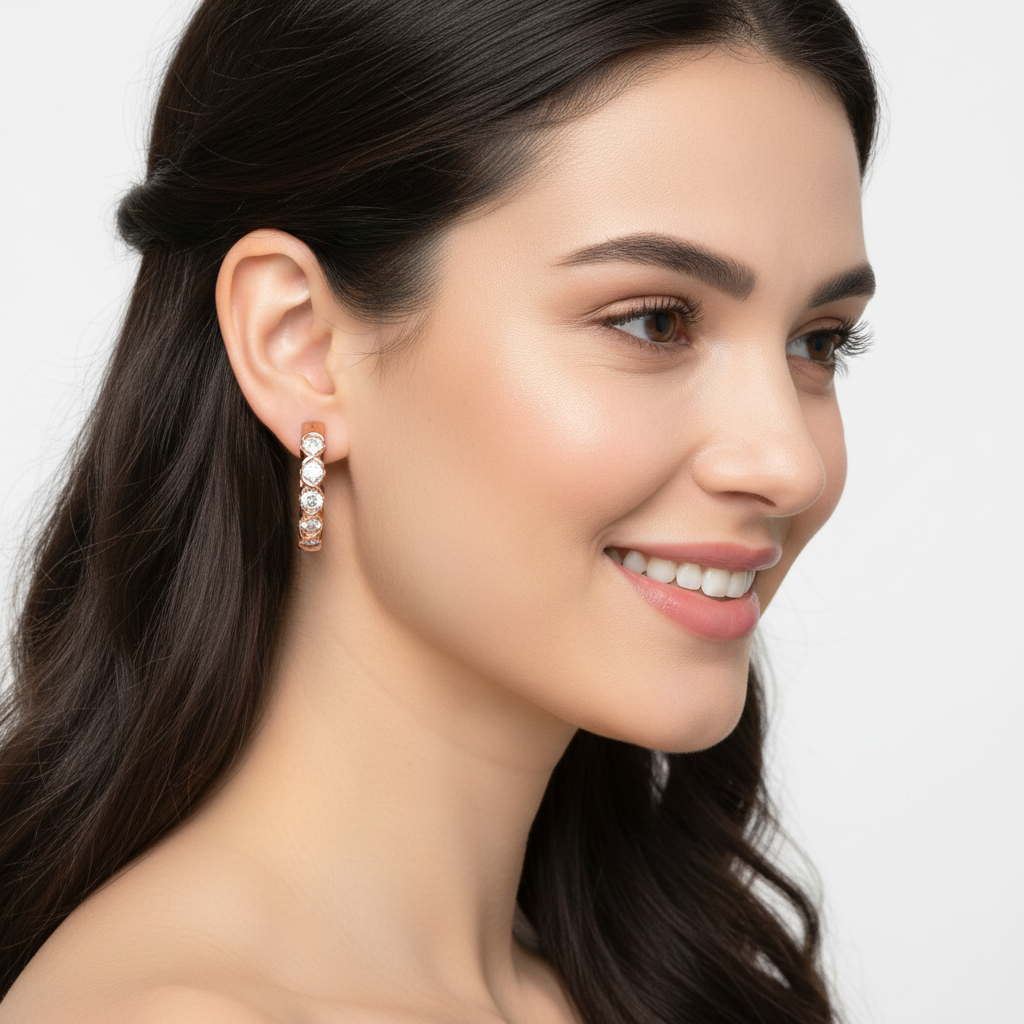 Rose Gold Diamond Hoops With Stone Setting - Two