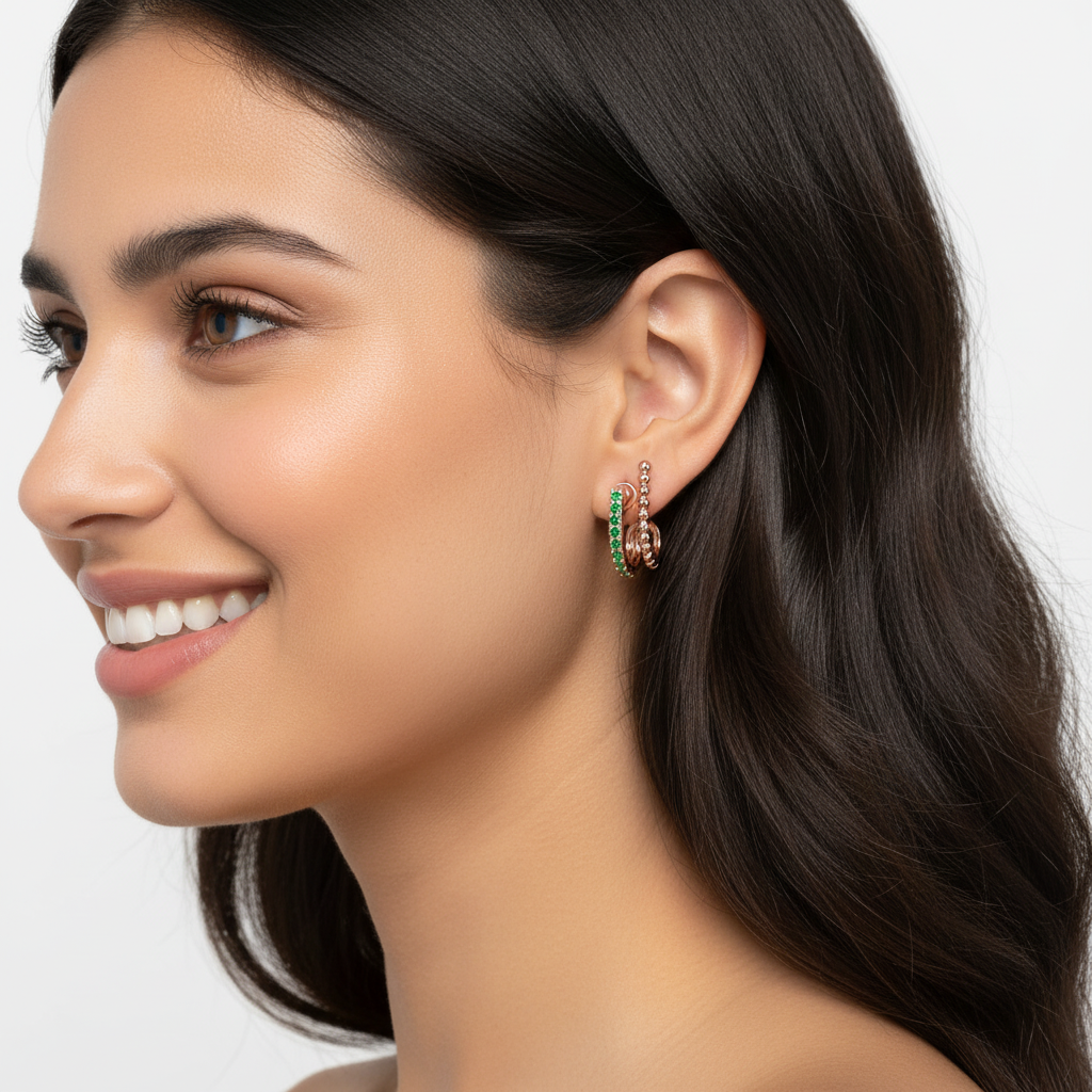 Emerald Beaded Double Hoop Stud Earrings - Two