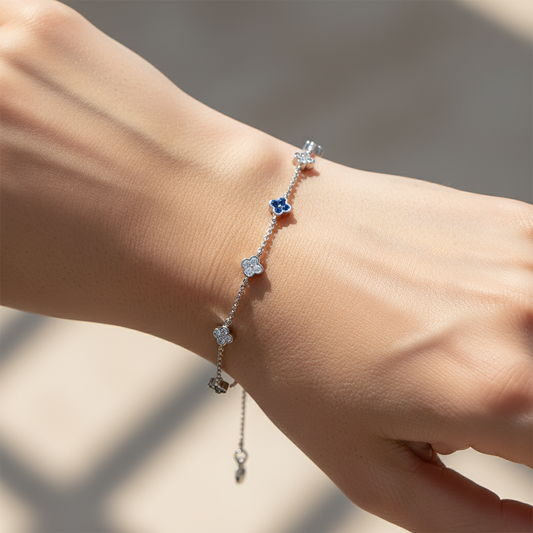 Delicate Flower Charm Anklet with Blue and Clear Gemstone