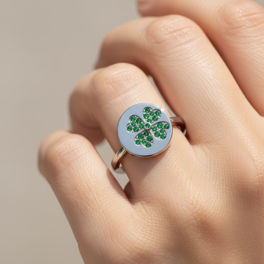 Four Leaf Clover Disc Ring With Green Stones - Two