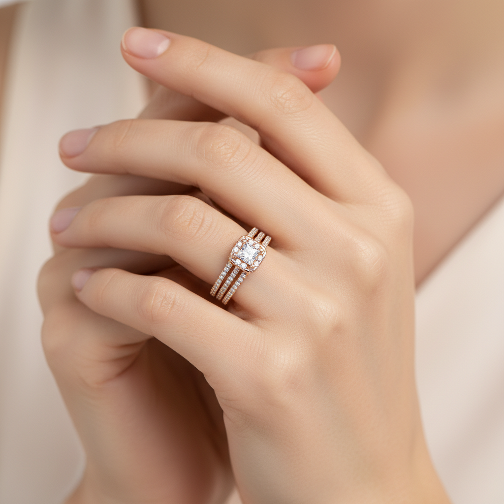 Rose Gold Princess Cut Diamond Halo Engagement Ring With Triple Row Band - Two