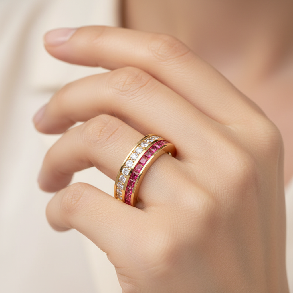 Ruby And Diamond Double Row Channel Set Band Ring - Two