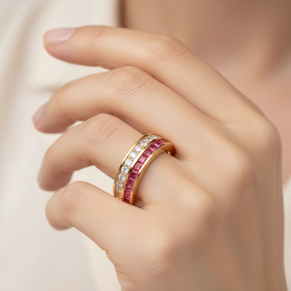 Ruby And Diamond Double Row Channel Set Band Ring - Two
