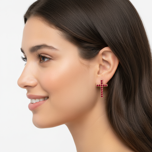 Ruby Cross Stud Earrings With Screw Back Closure - Two