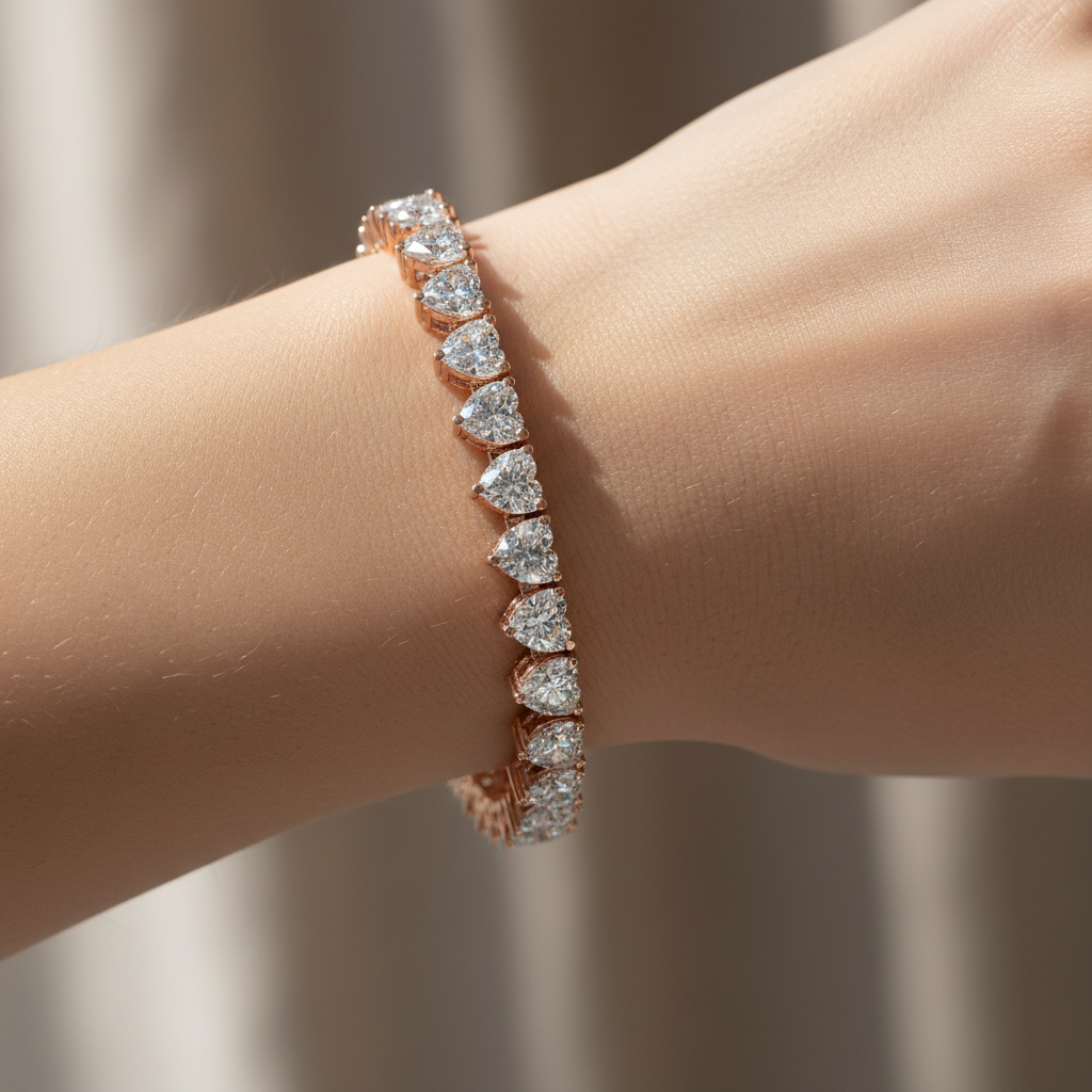 Rose Gold Heart Shaped Diamond Tennis Bracelet - Two