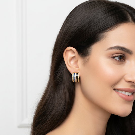 Blue Sapphire & Diamond Triple Row Hoop Earrings In White Gold With Black Enamel | Luxury Hoops | Jebij - Two