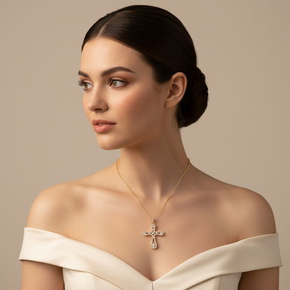 Ornate Filigree Cross Pendant Necklace With Cubic Zirconia Stones - Five